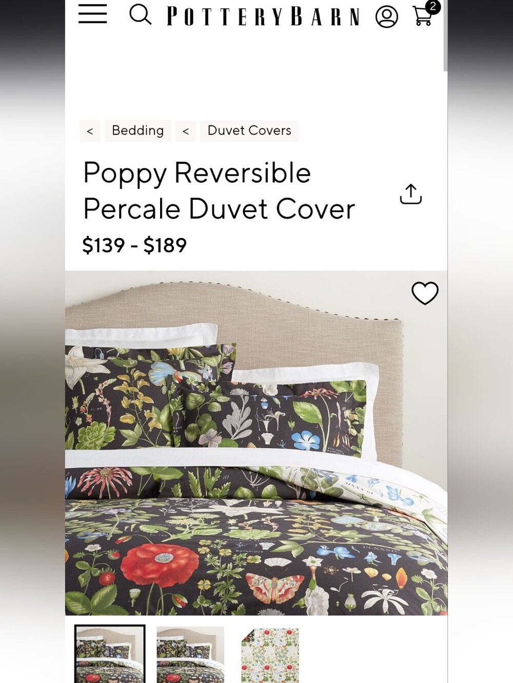 Pottery Barn King Botanical Duvet Cover Dark Ground Floral Butterfly 100% Cotton